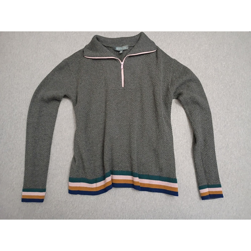Title Nine Womens Sm Grey Merino Wool Blend Knit Quarter Zip Stripe Sweater Golf
